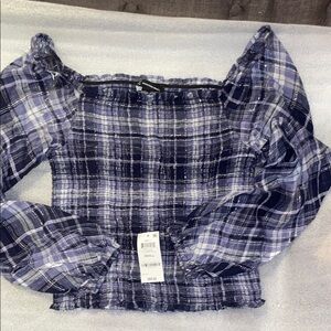 INC International Concepts Blue and White Smocked Long Sleeve Blouse